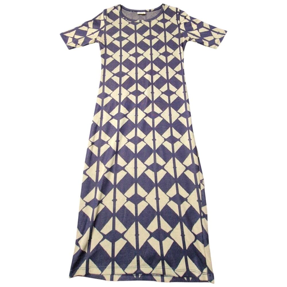 LuLaRoe Julia Dress Size XS Blue Cream Diamond Geometric Fitted
